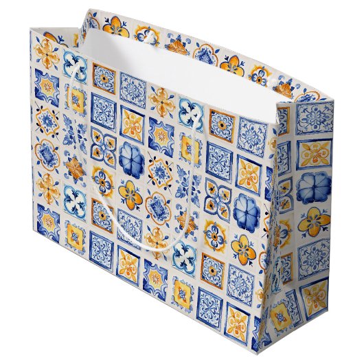 Blue White Yellow Tiles Pattern Summer Aesthetic Groot Cadeauzakje (Achterkant Gekanteld)