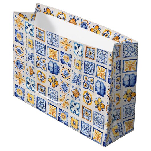 Blue White Yellow Tiles Pattern Summer Aesthetic Groot Cadeauzakje (Voorkant Gekanteld)