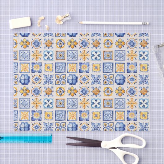 Blue White Yellow Tiles Pattern Summer Aesthetic Tissuepapier (Craft)