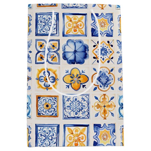 Blue White Yellow Tiles Pattern Wine, Small, Medium Cadeauzakje (Voorkant)