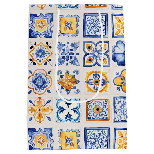 Blue White Yellow Tiles Pattern Wine, Small, Medium Cadeauzakje (Achterkant)