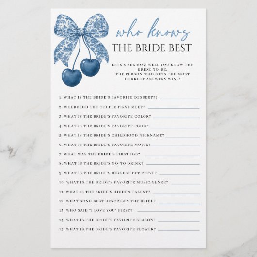 Blue Who knows the Bride Best Bridal Shower Game (Voorkant)