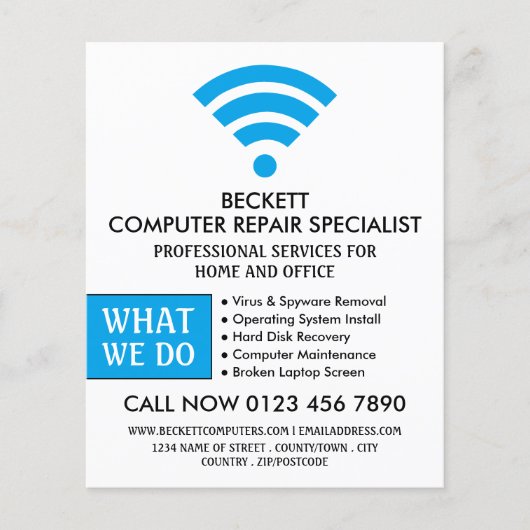 Blue Wi-Fi Logo, Computer Repair Specialist Advert Flyer (Voorkant)