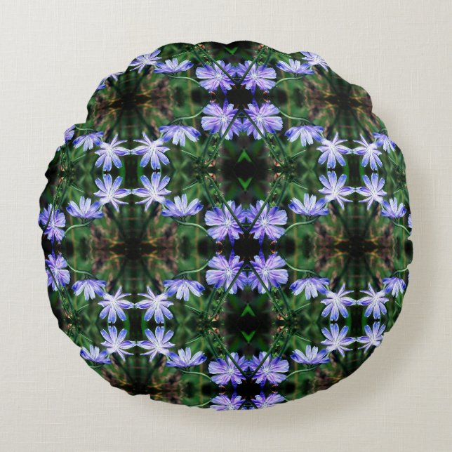 Blue Wild Chicory Flowers Pattern Rond Kussen (Voorkant)