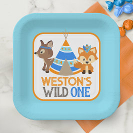 Blue Wild One Boy First Birthday Paper Borden Papieren Bordje