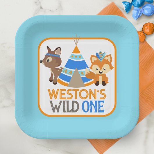 Blue Wild One Boy First Birthday Paper Borden Papieren Bordje