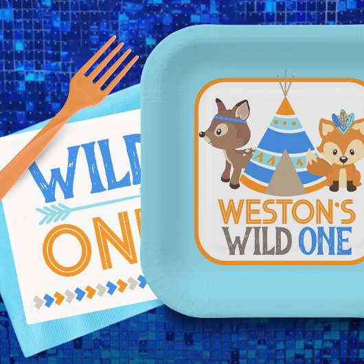 Blue Wild One Boy First Birthday Paper Borden Papieren Bordje