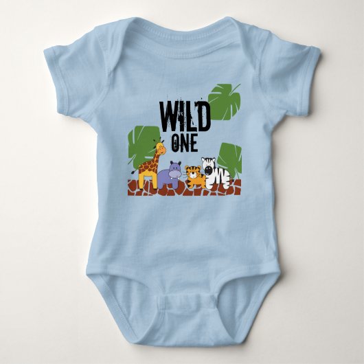 Blue WILD ONE Safari Oerwoud Theme 1st Birthday Romper (Voorkant)