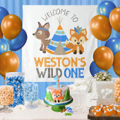 Blue Wild One Woodland 1e Verjaardagsfeestje Achte Wandkleed