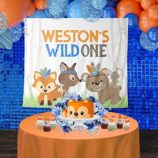 Blue Wild One Woodland Dieren Party Achtergrond Wandkleed