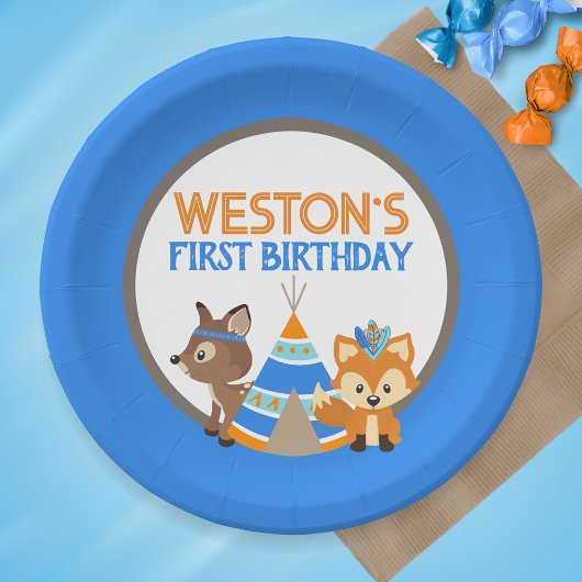 Blue Wild One Woodland verjaardagsfeestje Borden Papieren Bordje