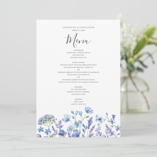 Blue Wildflower Bloemen Waterverf bruiloft Menu (Staand voorkant)