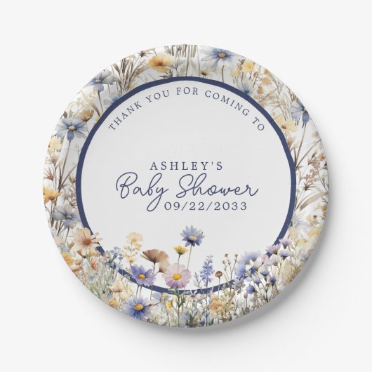 Blue Wildflower Boho Waterverf Baby shower Papieren Bordje (Voorkant)