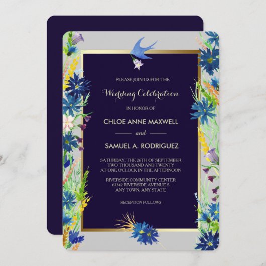 Blue Wildflower Border Weddenschap Kaart (Voorkant / Achterkant)