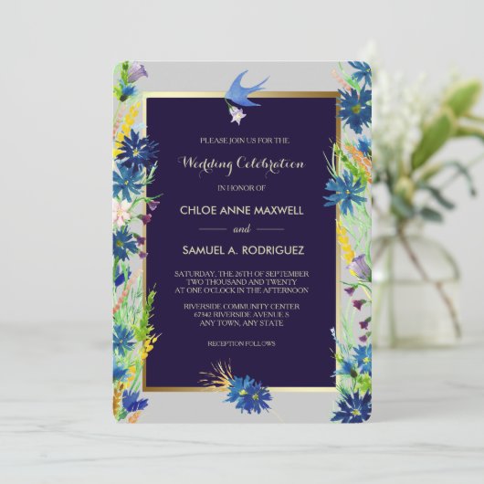 Blue Wildflower Border Weddenschap Kaart (Staand voorkant)