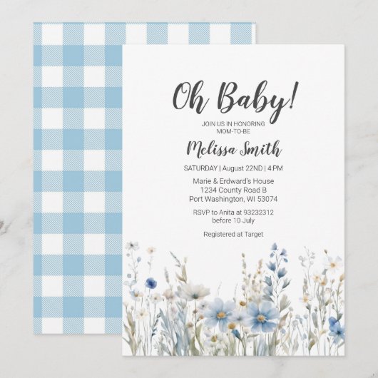 Blue Wildflower boy baby shower uitnodiging (Voorkant / Achterkant)