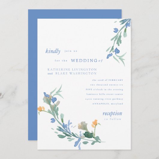 Blue Wildflower Colorful Wedding Kaart (Voorkant / Achterkant)