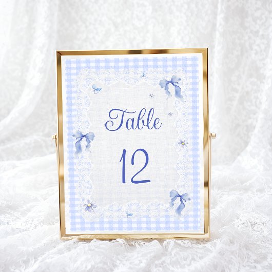 Blue Wildflower Floral  Bow Gingham Table Number