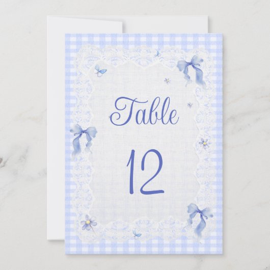 Blue Wildflower Floral  Bow Gingham Table Number (Voorkant)
