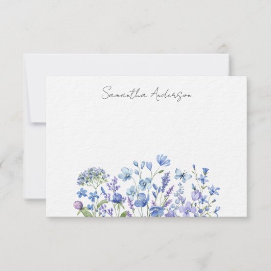 Blue Wildflower Floral Gepersonaliseerde Flat Note Notitiekaartje (Voorkant)