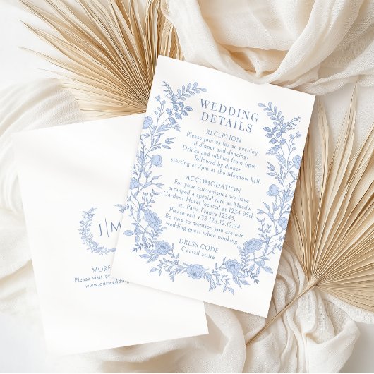 Blue Wildflower Floral Toile Wedding Details Informatiekaartje