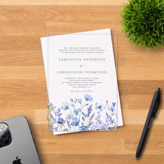 Blue Wildflower Floral Wedding Acryl Uitnodigingen (Insitu (Uitnodiging))