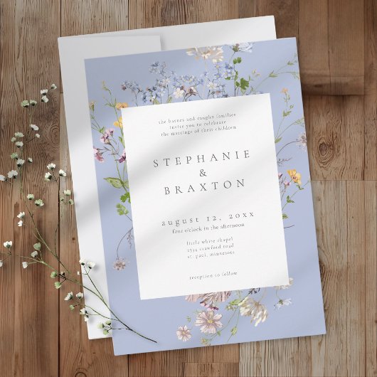 Blue Wildflower Garden Elegant Wedding Kaart