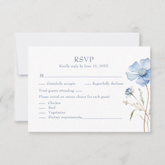 Blue Wildflower Garden Wedding RSVP Card (Voorkant)