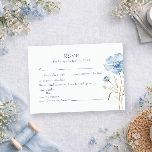Blue Wildflower Garden Wedding RSVP Card Kaartje