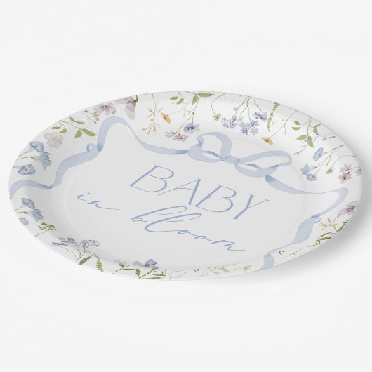 Blue Wildflower lint Bow baby shower Papieren Bordje (Gekanteld)