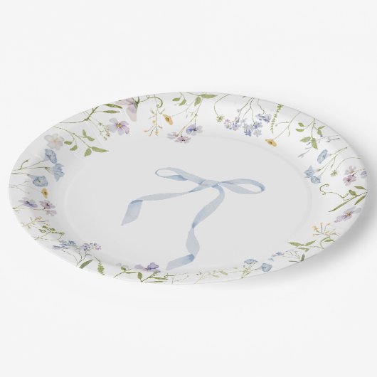 Blue Wildflower lint Bow baby shower Papieren Bordje (Gekanteld)