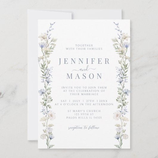 Blue Wildflower Meadow Flower Wedding Invitation Kaart (Voorkant)