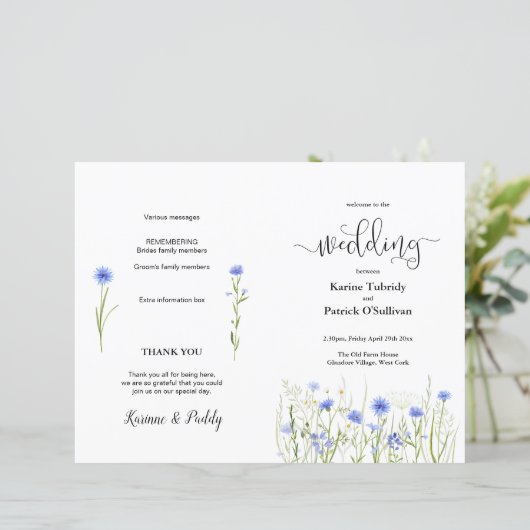 Blue Wildflower Meadow Wedding Programme (Staand voorkant)