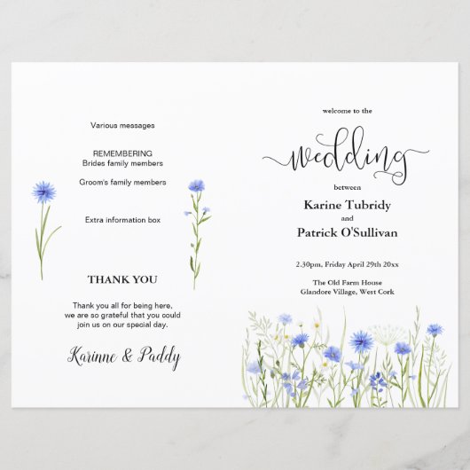 Blue Wildflower Meadow Wedding Programme (Voorkant)