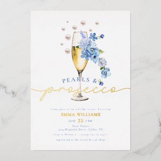 Blue Wildflower Parels & Prosecco Vrijgezellenfees Folie Uitnodiging (Voorkant)