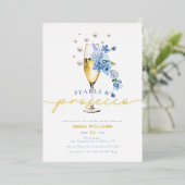 Blue Wildflower Parels & Prosecco Vrijgezellenfees Folie Uitnodiging (Staand Voorkant)