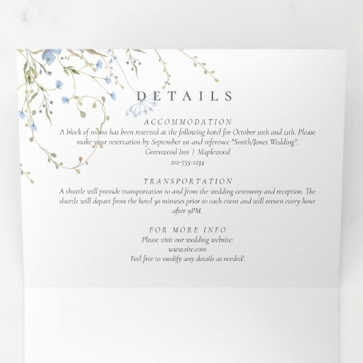 Blue Wildflower Periwinkle Wedding All In On Drieluik Uitnodiging (Binnenzijde eerst)