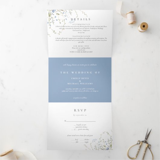 Blue Wildflower Periwinkle Wedding All In On Drieluik Uitnodiging (Binnen)