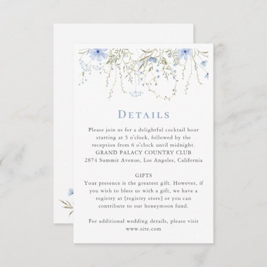 Blue Wildflower Periwinkle Wedding Details Informatiekaartje (Voorkant / Achterkant)