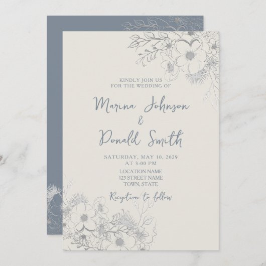Blue Wildflower Periwinkle Wedding Invitation Kaart (Voorkant / Achterkant)