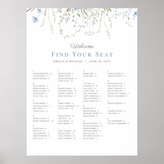 Blue Wildflower Periwinkle Wedding Seating Chart Poster (Voorkant)