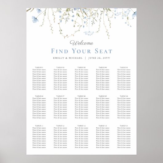 Blue Wildflower Periwinkle Wedding Seating Chart Poster (Voorkant)