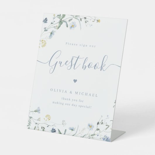 Blue Wildflower script rustiek bruiloft gastenboek Reclamebord Met Voetstuk (Voorkant)