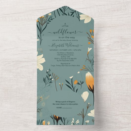 Blue Wildflower Tuin Meisje Baby shower All In One Uitnodiging (Binnen)