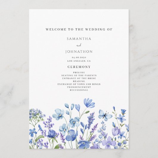 Blue Wildflower Waterverf Bloemen bruiloft Programmakaart (Voorkant)