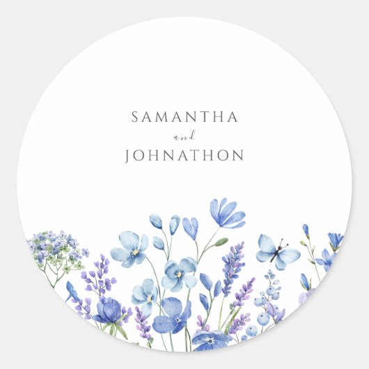 Blue Wildflower Waterverf bruiloft Ronde Sticker (Voorkant)