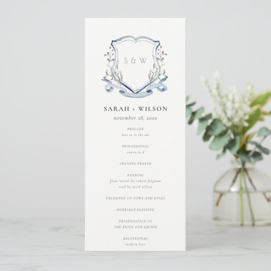 Blue Wildflower Waterverf Crest Wedding Programme Kaart (Staand voorkant)