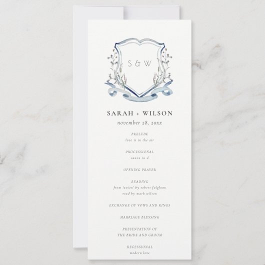 Blue Wildflower Waterverf Crest Wedding Programme Kaart (Voorkant)