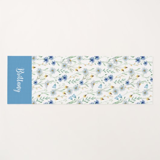 Blue Wildflower Waterverf Custom Name Yogamat (Voorkant (horizontaal))
