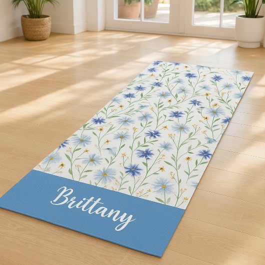 Blue Wildflower Waterverf Custom Name Yogamat